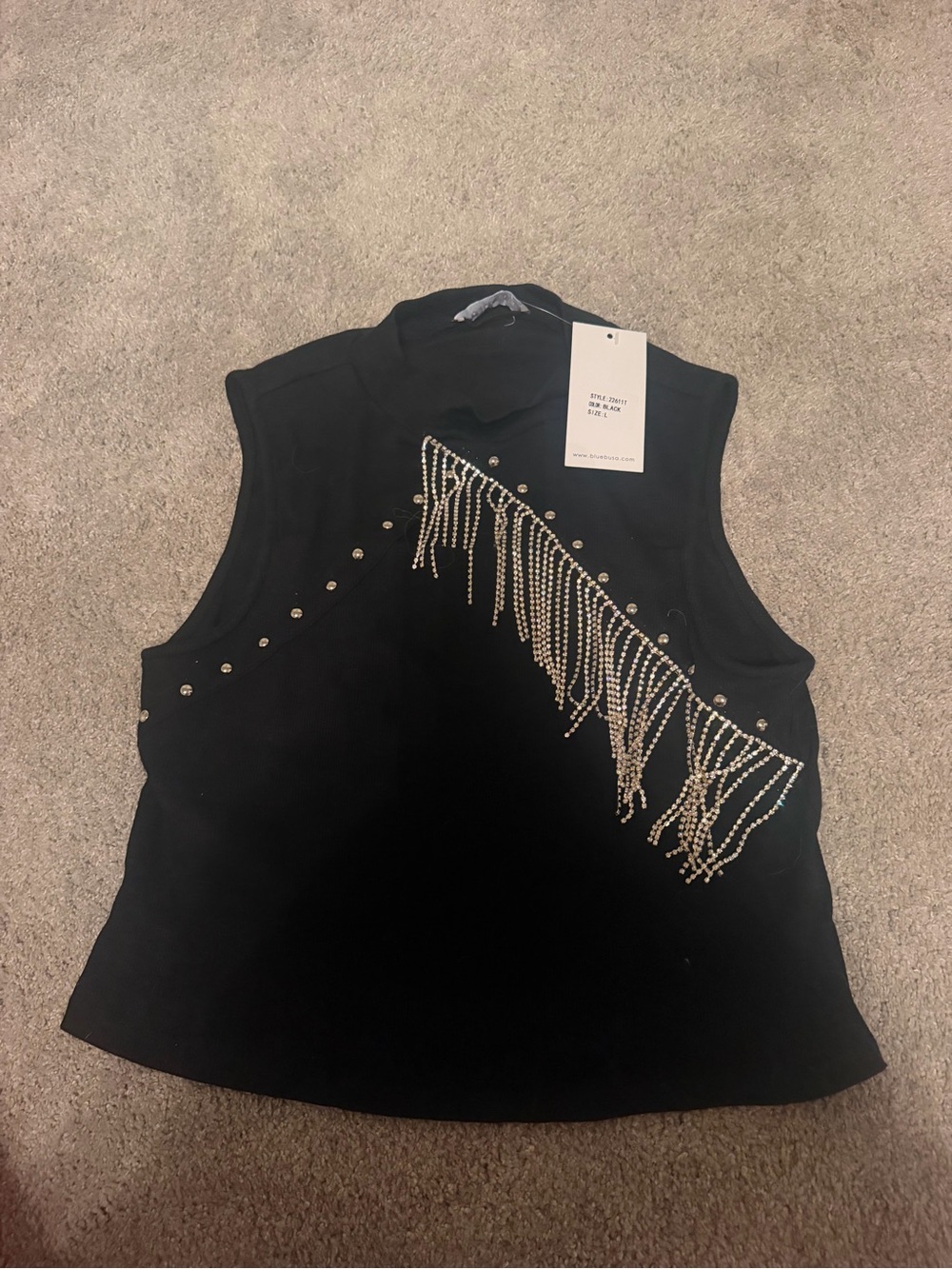Sleeveless Black Top with Rhinestone Fringe - Unknown Brand